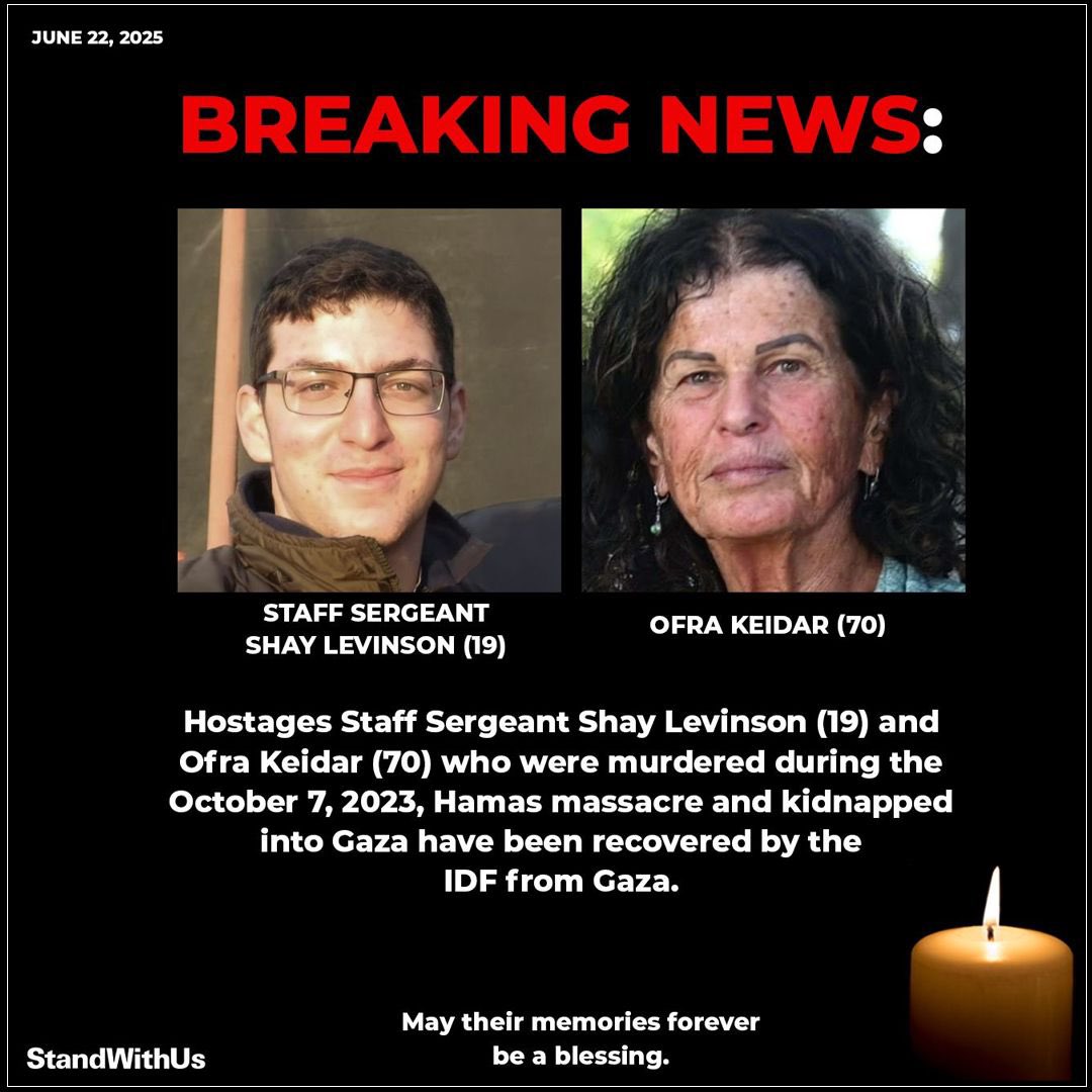 🚨BREAKING: Hostages Staff Sergeant Shay Levinson (19) and Ofra Keidar (70) who were murdered during the October 7, 2023, Hamas massacre and kidnapped into Gaza have been recovered by the IDF from Gaza. May their memories forever be a blessing. 🕯️50 hostage remain in Hamas