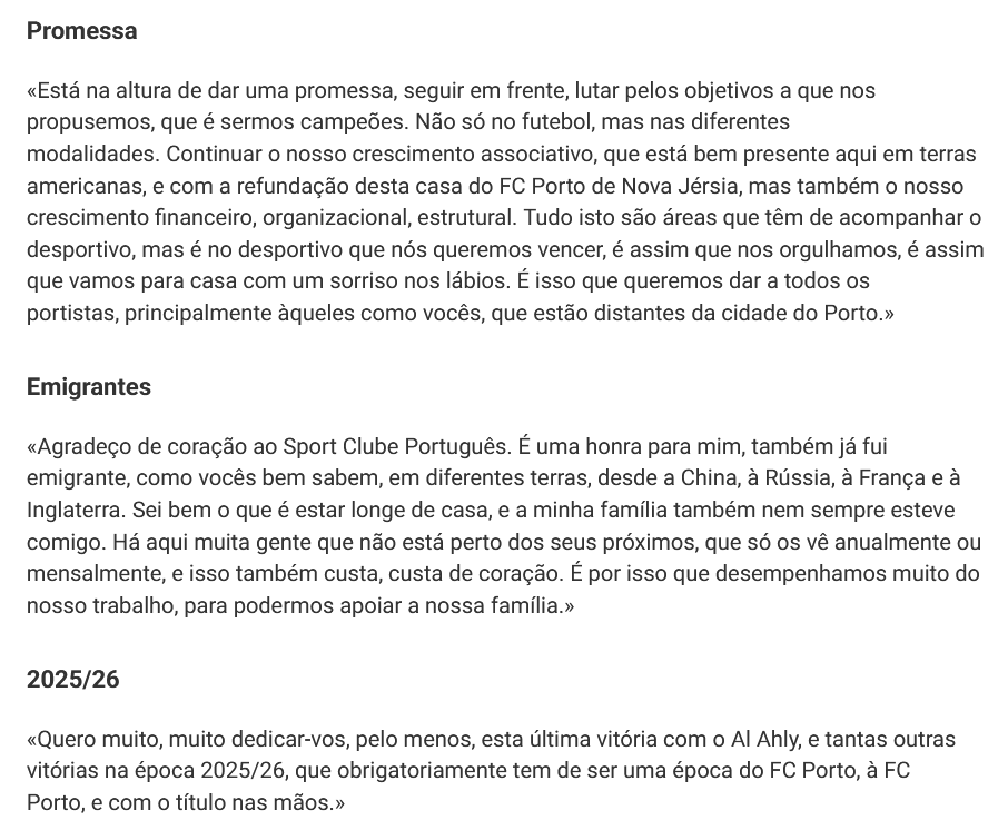 fcportomaradona's tweet photo. 🗣️As declarações de André Villas-Boas esta madrugada em Newark.

Sei que a minha opinião é contrária à de parte substancial da massa adepta do @FCPorto, e respeito isso, mas acho que AVB tem de fazer URGENTEMENTE um ajuste de expectativas.

TODOS concordamos com as suas declarações sobre o jogo com o Inter de Miami, isso parece-me inequívoco!

O que me começa a desagradar são as CONSTANTES promessas.  O momento, a meu ver, não é de promessas; o momento tem de ser de pragmatismo, de realismo,de TRABALHO e de seguir/delinear um projeto! 
Este discurso "populista"do "para o ano é que vai ser, para o ano é que é" faz-me lembrar muito o discurso dos rivais durante décadas, com os resultados que todos conhecemos, e este discurso pode/vai virar-se contra o próprio AVB a curto/médio prazo.

Da minha parte, prefiro mais pragmatismo e mais trabalho; prefiro que sejam dados "baby steps" em vez destas promessas, que depois só vão aumentar a frustração dos adeptos e fazer rebentar um balão já bem cheio.

E sim, eu conheço a história e a GRANDEZA do FC PORTO, mas também sei que são 3 anos sem vencer a @ligaportugal , são 2 anos sem ter acesso à @ChampionsLeague e sei que a distância a nível de qualidade para os rivais é cada vez maior. Daí entender que o inverter de ciclo, tem de ser feito com uma GESTÃO DE EXPETATIVAS REALISTA, e não com promessas.

Espero que alguém próximo do Presidente o consiga a auxiliar a fazer uma melhor gestão de expectativas e que não se cometam em 25/26, os mesmos erros, com discursos irrealistas, como aconteceu em 24/25.

O discurso do "jogo a jogo" a mim não me chocaria NADA,bem pelo contrário!

#FCPorto