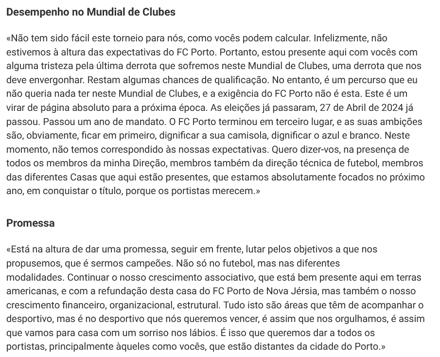 fcportomaradona's tweet photo. 🗣️As declarações de André Villas-Boas esta madrugada em Newark.

Sei que a minha opinião é contrária à de parte substancial da massa adepta do @FCPorto, e respeito isso, mas acho que AVB tem de fazer URGENTEMENTE um ajuste de expectativas.

TODOS concordamos com as suas declarações sobre o jogo com o Inter de Miami, isso parece-me inequívoco!

O que me começa a desagradar são as CONSTANTES promessas.  O momento, a meu ver, não é de promessas; o momento tem de ser de pragmatismo, de realismo,de TRABALHO e de seguir/delinear um projeto! 
Este discurso "populista"do "para o ano é que vai ser, para o ano é que é" faz-me lembrar muito o discurso dos rivais durante décadas, com os resultados que todos conhecemos, e este discurso pode/vai virar-se contra o próprio AVB a curto/médio prazo.

Da minha parte, prefiro mais pragmatismo e mais trabalho; prefiro que sejam dados "baby steps" em vez destas promessas, que depois só vão aumentar a frustração dos adeptos e fazer rebentar um balão já bem cheio.

E sim, eu conheço a história e a GRANDEZA do FC PORTO, mas também sei que são 3 anos sem vencer a @ligaportugal , são 2 anos sem ter acesso à @ChampionsLeague e sei que a distância a nível de qualidade para os rivais é cada vez maior. Daí entender que o inverter de ciclo, tem de ser feito com uma GESTÃO DE EXPETATIVAS REALISTA, e não com promessas.

Espero que alguém próximo do Presidente o consiga a auxiliar a fazer uma melhor gestão de expectativas e que não se cometam em 25/26, os mesmos erros, com discursos irrealistas, como aconteceu em 24/25.

O discurso do "jogo a jogo" a mim não me chocaria NADA,bem pelo contrário!

#FCPorto