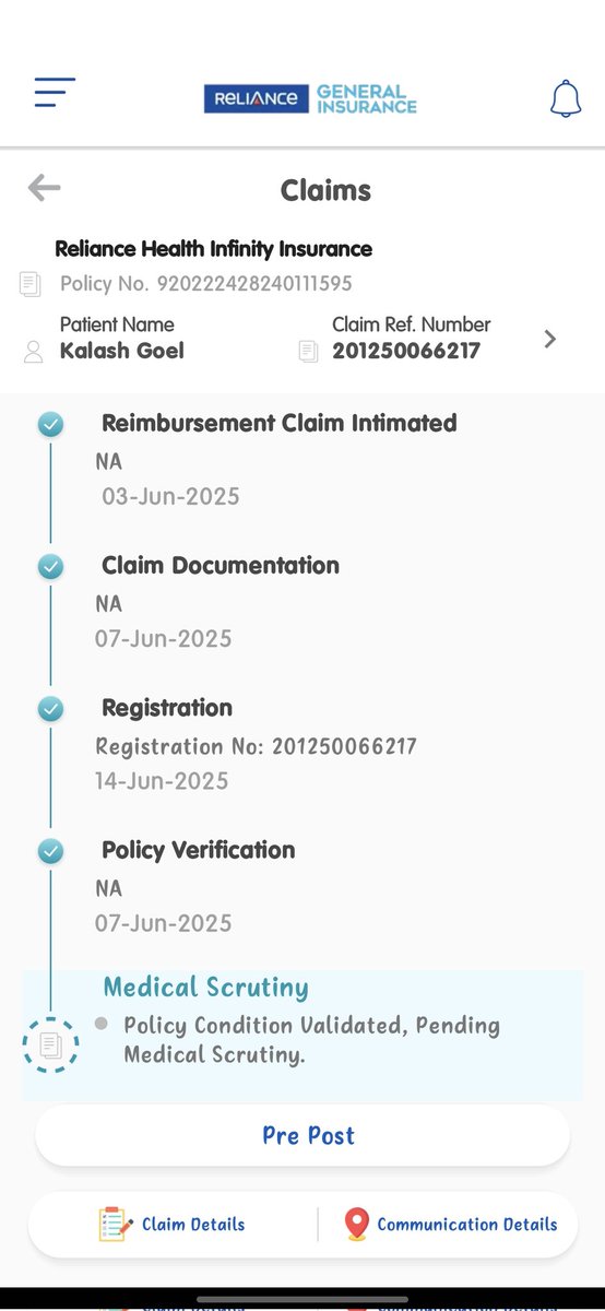 sahilaggarwal27's tweet image. @RelianceGenIn My health claim (Ref No: 201250066217) under Policy No: 920222428240111595 for Kalash Goel is still pending since 3rd June. It’s stuck at Medical Scrutiny for weeks. Please resolve this urgently. #InsuranceDelay #RelianceGeneral