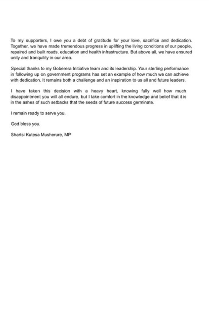 UPDATE: Hon Shartsi Kutesa Musherure, the current Member of Parliament for Mawogola North, Sembabule District, has officially withdrawn from the upcoming NRM primaries for the 2026–2031 term, its not yet clear whether she will participate in general elections