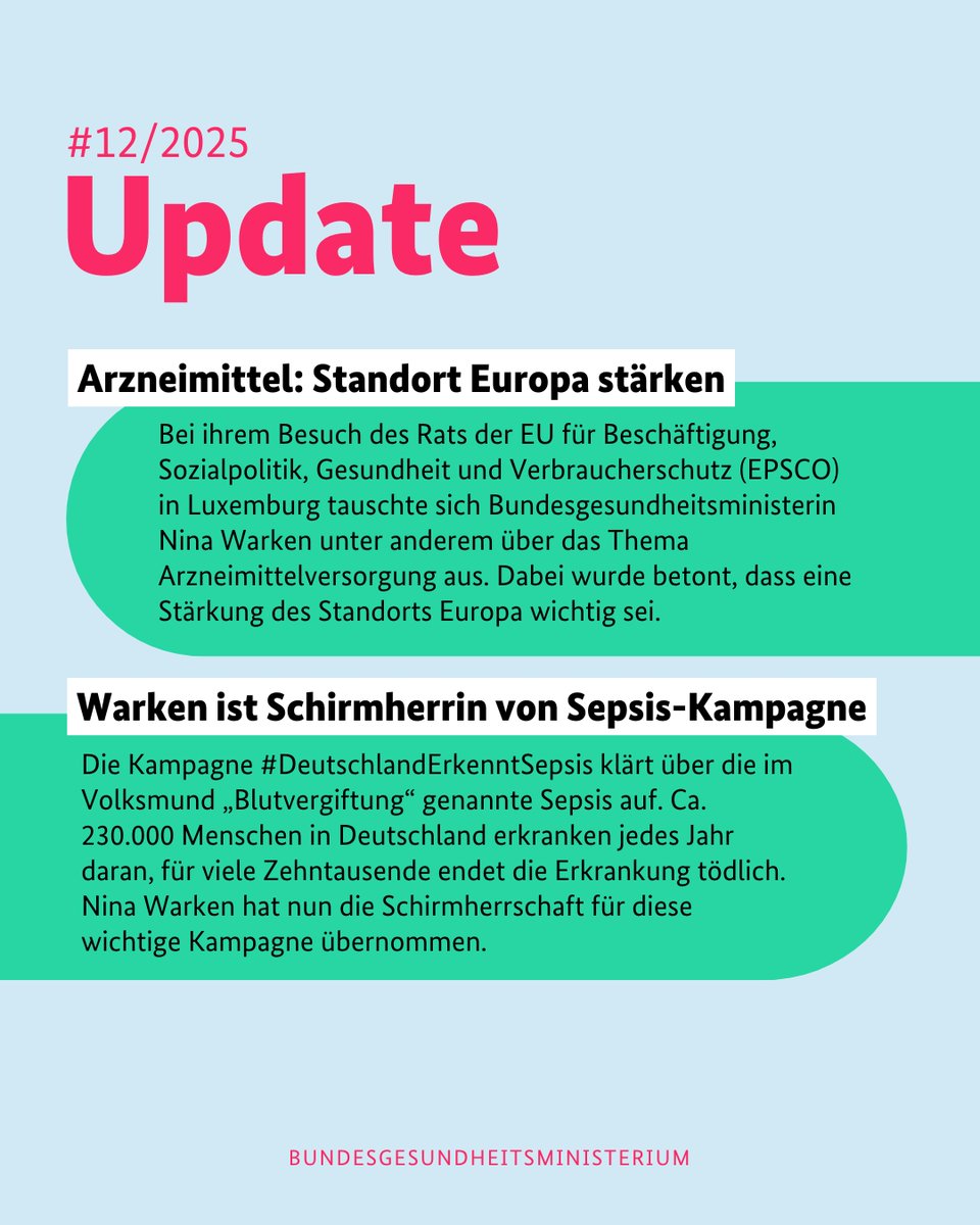 Bundesgesundheitsministerium (@bmg_bund) on Twitter photo Bundesgesundheitsministerin <a href="/ninawarken/">Nina Warken</a> besucht den EPSCO und übernimmt die Schirmherrschaft für die Kampagne #DeutschlandErkenntSepsis. Mehr Infos zu diesen Themen gibt’s in unserem Update. 👇 Bundesgesundheitsministerin <a href="/ninawarken/">Nina Warken</a> besucht den EPSCO und übernimmt die Schirmherrschaft für die Kampagne #DeutschlandErkenntSepsis. Mehr Infos zu diesen Themen gibt’s in unserem Update. 👇