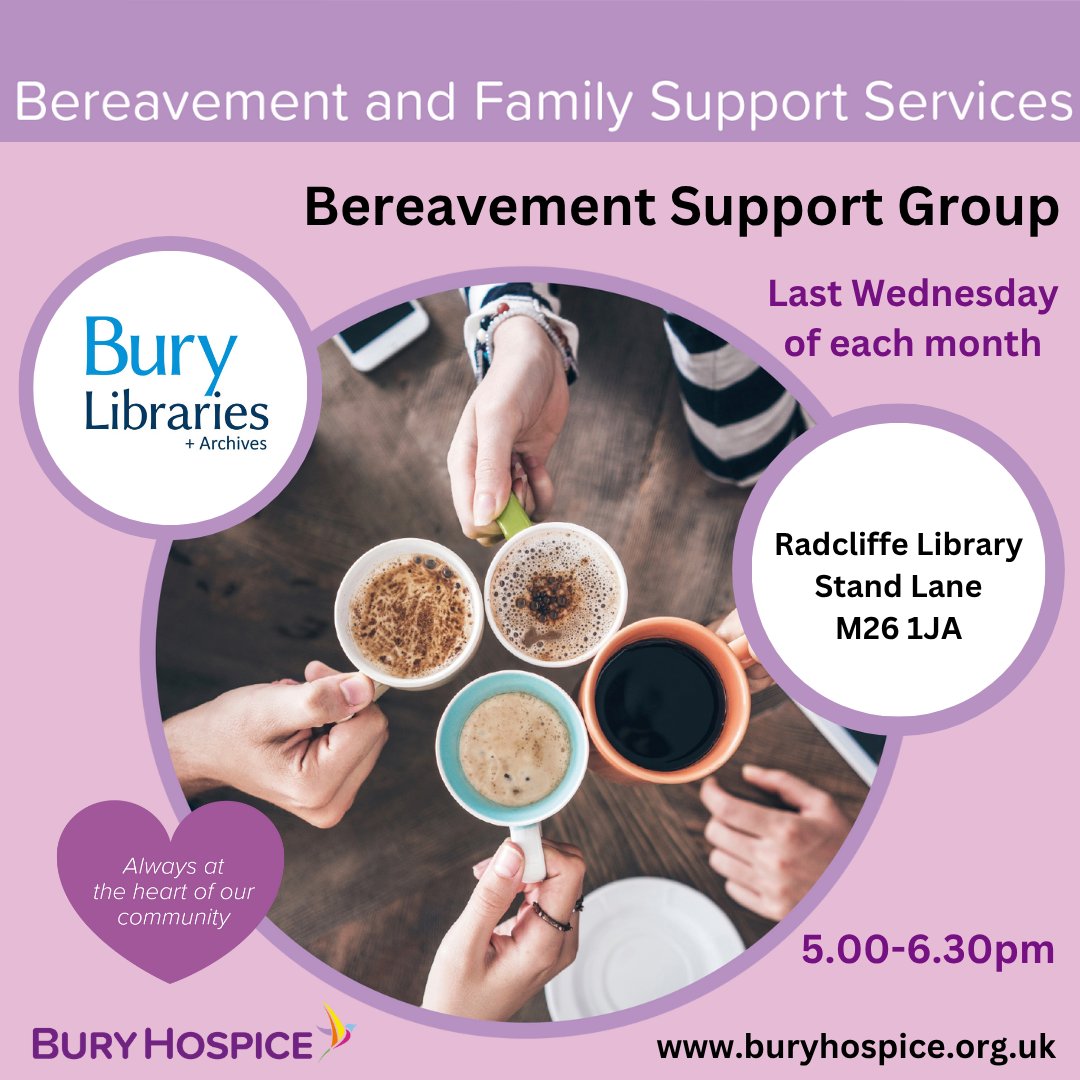 The Bury Hospice Bereavement Support Group takes place on Wednesday (25th June).

Join us for a chat and amazing peer support.

Head here for more information: buryhospice.org.uk/bereavement-su…