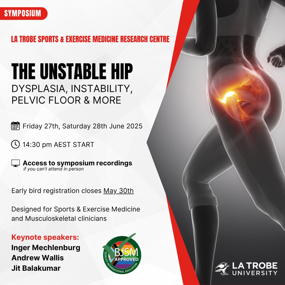 British Journal of Sports Medicine (BJSM) (@bjsm_bmj) on Twitter photo ⏰ Less than a week to go until The Unstable Hip Symposium hosted by <a href="/LaTrobeSEM/">La Trobe SEMRC</a>
📣 Great news for our online attendees! 🎉 Recordings of all sessions will be available for you to watch at your convenience 🎥💻
📅 June 27-28, 2025
🌐 Available online and in-person
📍 La Trobe ⏰ Less than a week to go until The Unstable Hip Symposium hosted by <a href="/LaTrobeSEM/">La Trobe SEMRC</a>
📣 Great news for our online attendees! 🎉 Recordings of all sessions will be available for you to watch at your convenience 🎥💻
📅 June 27-28, 2025
🌐 Available online and in-person
📍 La Trobe