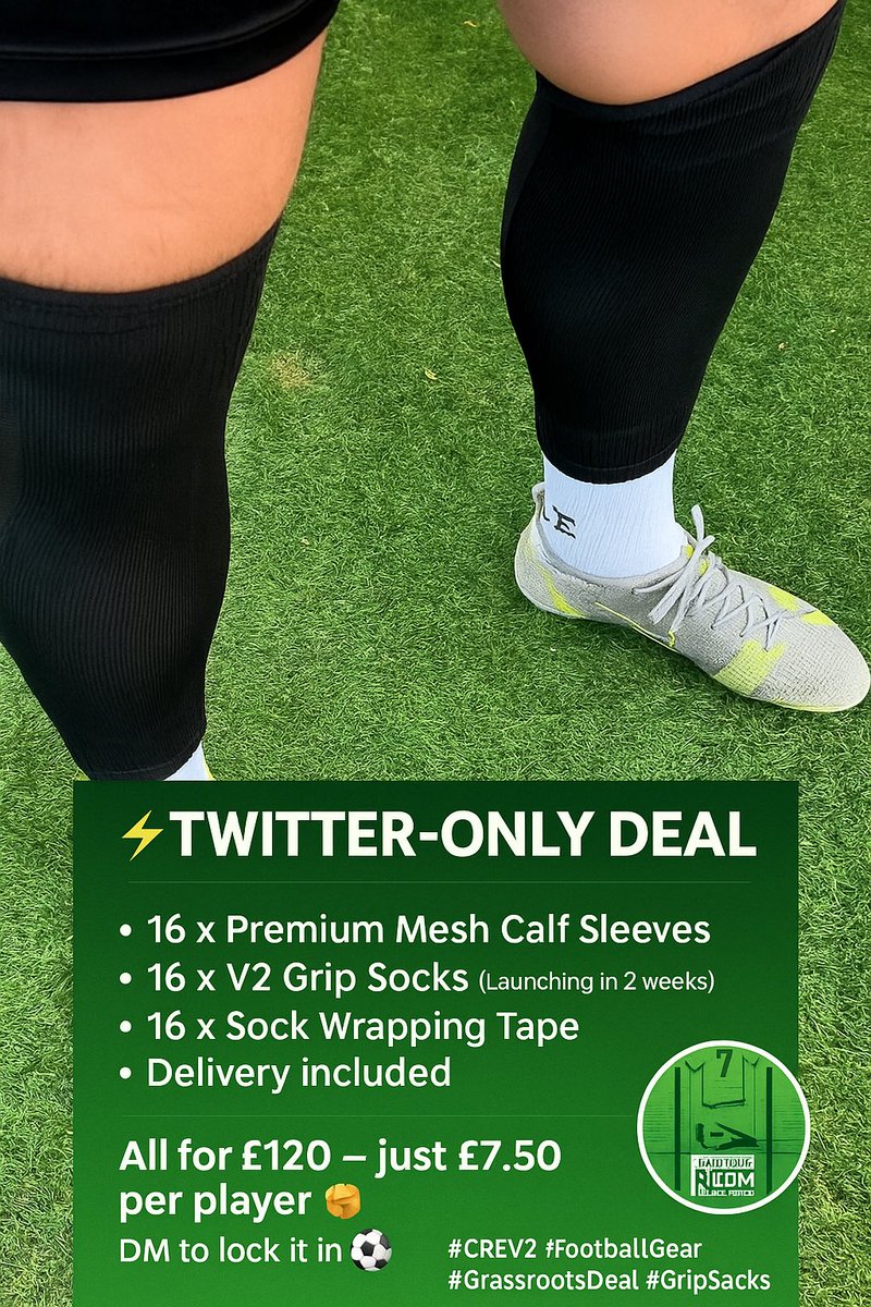 ChangingRoomEst's tweet image. 🚨 Twitter-Only Deal for teams!
✅ 16 x Premium Mesh Calf Sleeves
✅ 16 x V2 Grip Socks (Launching in 2 weeks)
✅ 16 x Sock Wrapping Tape
📦 Delivery included
All for £120 — just £7.50 per player 👏
DM to lock it in ⚽🔥