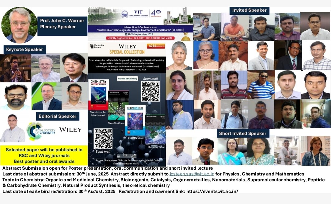 Priyankar Paira (@priyankarp11386) on Twitter photo Preliminary speaker lists of IC-STEEH. The final list will be updated by the end of this month.
Abstract submission deadline:30th June
icsteeh.sas@vit.ac.in
priyankar.paira@vit.ac.in
Topic: Organic, medical, bioinorganic, biosensing, analytical, Catalysis, Biomaterials Preliminary speaker lists of IC-STEEH. The final list will be updated by the end of this month.
Abstract submission deadline:30th June
icsteeh.sas@vit.ac.in
priyankar.paira@vit.ac.in
Topic: Organic, medical, bioinorganic, biosensing, analytical, Catalysis, Biomaterials