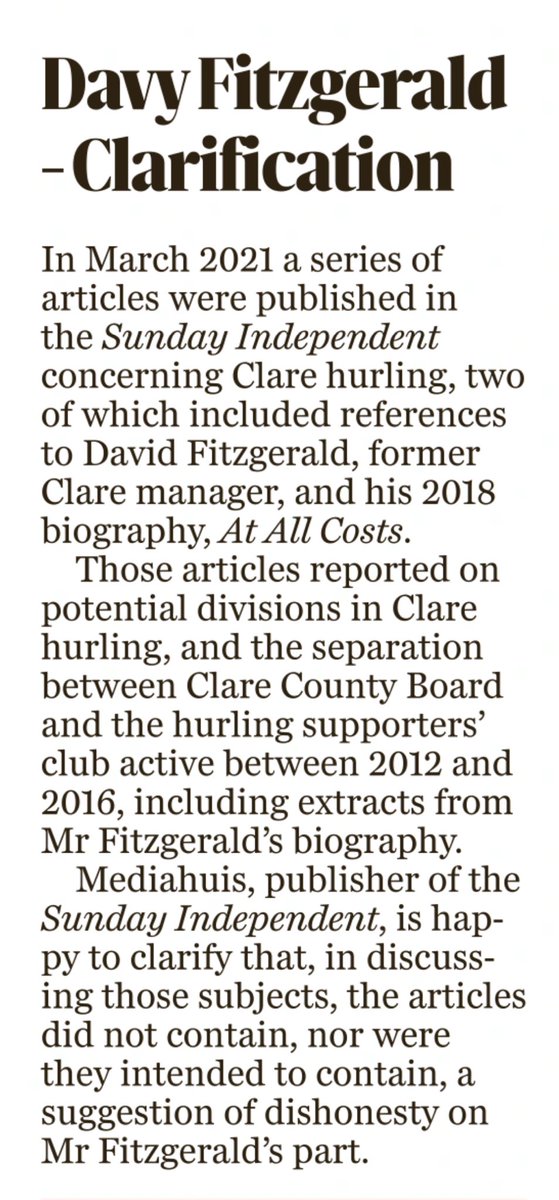 Pleased to secure this important clarification on behalf of our client Davy Fitzgerald.

Integrity is critical in sporting and public life and Mr Fitzgerald is satisfied that his good name and reputation stands vindicated.

Niall Murphy instructed Des Fahy KC and Stephen Toal KC.