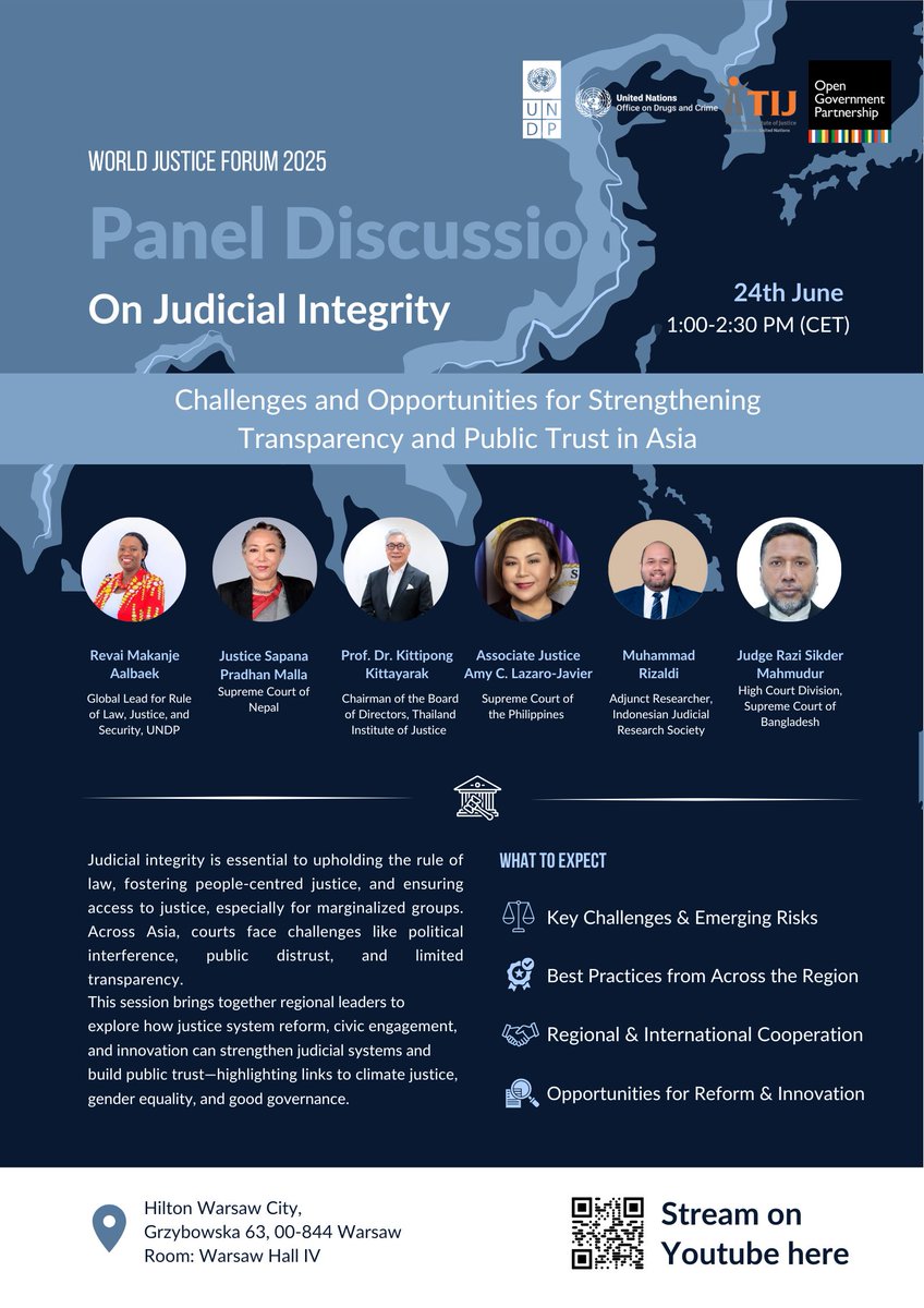 This upcoming week <a href="/UNDP/">UN Development</a> goes to #WorldJusticeForum.

With partners, we’ll convene judges &amp; legal experts to explore how inclusive reforms influence judicial integrity and increase public trust. In focus: Asia.

Join live: 📅 24 June, 1pm CET 
bit.ly/4l7tmJD