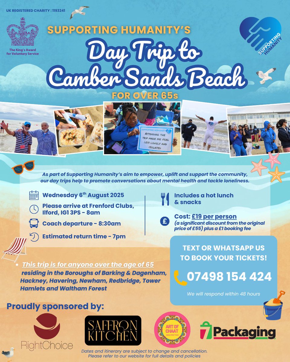 supportingHC's tweet photo. ☀️ Supporting Humanity brings you their annual beach bonanza for Over 65s! 🏖️

Camber Sands, here we come! 🎉🚌🌊

We’ve got three whole coaches to fill with sun-chasers, sandcastle champions, and ice-cream enthusiasts!

Message us on 07498 154 424 to book your ticket! https://t.co/91h7OUdcfp