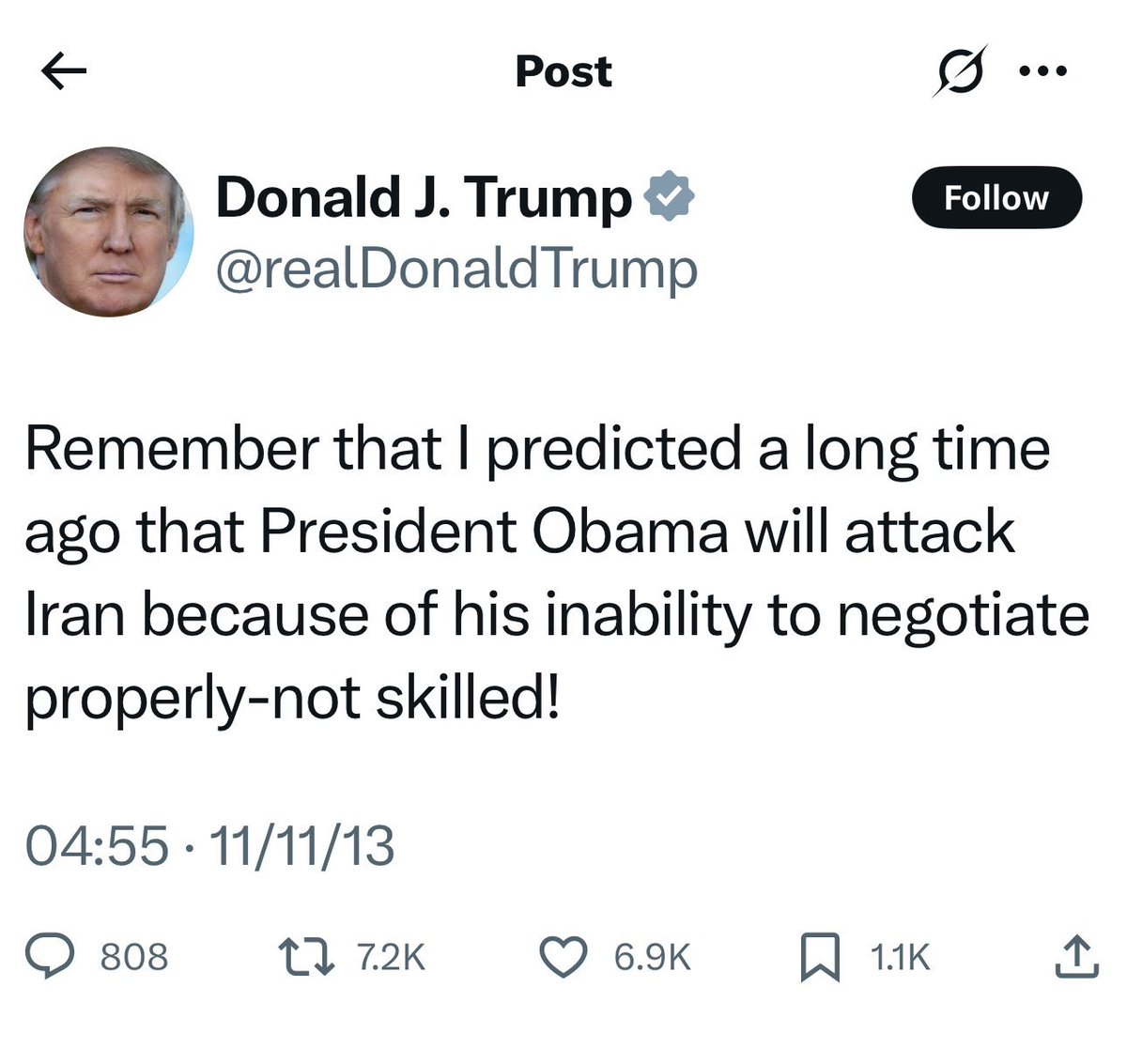 🇮🇷🇺🇸 Les États-Unis ont mené cette nuit plusieurs frappes contre les installations nucléaires iraniennes. 

Ironique quand on se rappelle des nombreuses tirades de Trump les années avant de devenir président, en accusant Obama de vouloir attaquer l’Iran, faute de savoir négocier.