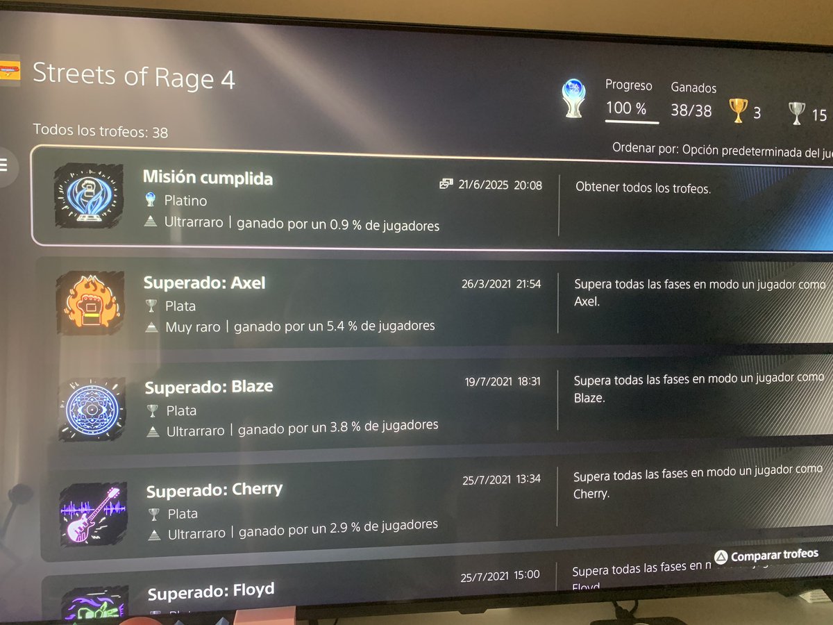 Buenos días!!
#platino de Streets of rage 4
Pura nostalgia cuando jugaba a los primeros en megadrive😍😍
Si te gustan los beat 'em up este no puede faltar en tu colección 
A por el siguiente!!💪🏻
#streetsofrogue4 #beatemup #ps5 #sega 
<a href="/StreetsOfRageBR/">Streets of Rage Brasil</a>