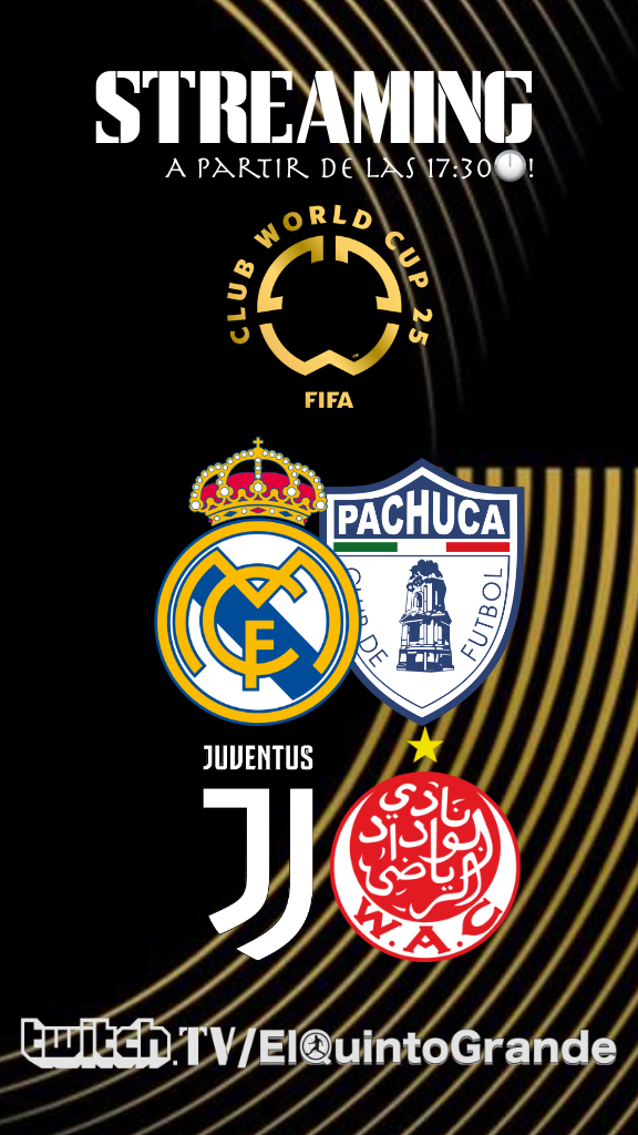 No os perdáis nuestro Directo A Partir de las 17:30 !

(🌎FIFA Mundial de Clubes 2025)🏆

🏟️🇪🇸Real Madrid- Pachuca🇲🇽⚽️

🏟️🇮🇹Juventus - Wydad AC🇲🇦⚽️

🎛🎙🎚by@ElQuintoGrande

Aquí 👇

twitch.tv/elquintogrande