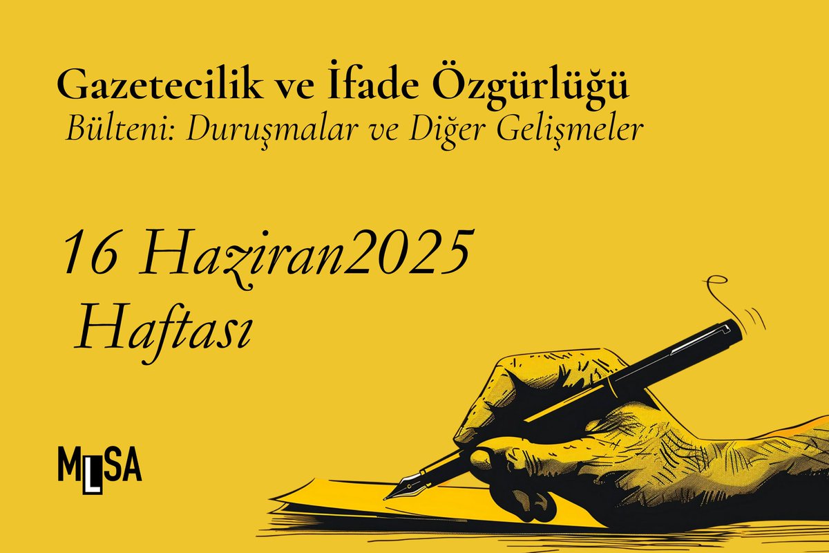 mlsaturkey's tweet photo. 📌16 Haziran haftası ifade özgürlüğü bülteni
 
Geçen hafta en az 11 gazeteci çeşitli suçlamalarla hâkim karşısına çıktı; 6 gazeteci gözaltına alındı, 4'ü tutuklandı, 2'si adli kontrol şartıyla serbest bırakıldı. 

Gazeteci Furkan Karabay hakkında ceza istendi, Şebnem Korur Fincancı’nın davası zamanaşımından düşürüldü. İBB Başkanı Ekrem İmamoğlu’nun duruşmasında, savcı üç ayrı suçtan ceza istedi. İki gazeteci hakkında beraat kararı verildi 👇

https://t.co/m8cN4WzStf