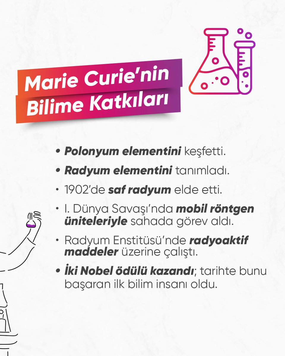 Bilim tarihinde iz bırakan bir yaşam, iki Nobel ödülü ve sayısız ilham…

Marie Curie’nin azim, keşif ve başarı dolu yolculuğuna tanıklık etmek için sayfayı kaydırabilirsiniz. 

#GedizPerakende #Elektrik #Enerji