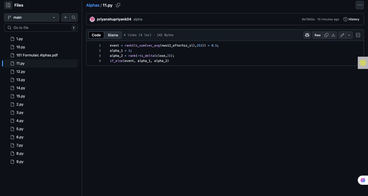 PriyanshuP1405's tweet photo. Worldquant Brain Alphas Ideas🚀

A lot of you guys have said that the brain documentation is difficult to interpret and find alpha ideas. 
So, I'm sharing a 15 alpha examples I created from the same documentation so that it helps you improve your alpha idea creation skill and also helps you improve reading Worldquant docs.

I've also added the 101 formulaic alphas book which is considered to be a source of alot of further alphas - can be made by doing a few tweaks here and there.

Note:- I am not sharing any new alpha with you all these are already somewhere or other discussed in the documentations and videos

Github repo:- https://t.co/xofbXRiBfZ