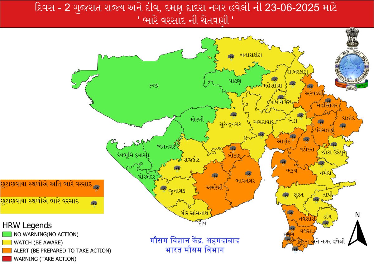 collectorvalsad's tweet photo. મૌસમ વિજ્ઞાન કેન્‍દ્ર , અમદાવાદ, ભારત મૌસમ વિભાગ દ્રારા આજ રોજ તથા આગામી ત્રણ દિવસ માટે ભારે વરસાદ અંગે વેધર ફોરકાસ્ટ બાહર પાડવામાં આવેલ છે.@CMOGuj @revenuegujarat @SEOC_Gujarat @InfoValsadGoG https://t.co/RCbpQx2FBO