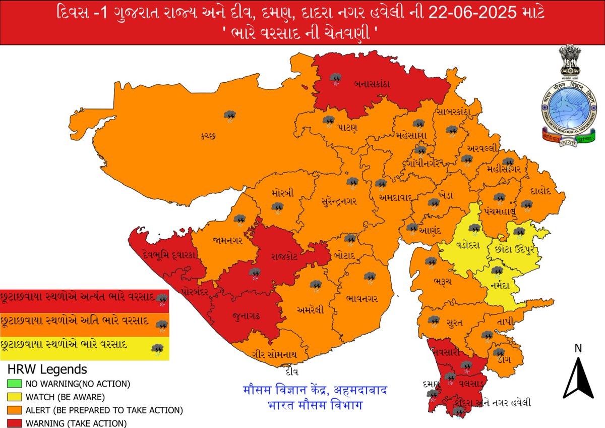 collectorvalsad's tweet photo. મૌસમ વિજ્ઞાન કેન્‍દ્ર , અમદાવાદ, ભારત મૌસમ વિભાગ દ્રારા આજ રોજ તથા આગામી ત્રણ દિવસ માટે ભારે વરસાદ અંગે વેધર ફોરકાસ્ટ બાહર પાડવામાં આવેલ છે.@CMOGuj @revenuegujarat @SEOC_Gujarat @InfoValsadGoG https://t.co/RCbpQx2FBO