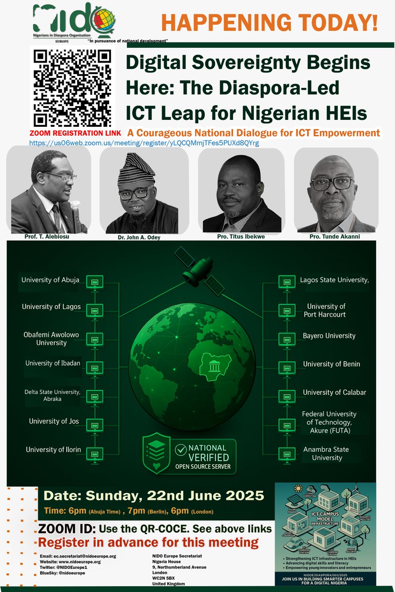 Nigerians in Diaspora Org. Europe (NIDOE) (@nidoeurope1) on Twitter photo Join the #DiasporaICTImpact movement!
Be part of Webinar 2 on Nigeria’s Digital Campus revolution.
22.06.2025 6pm (Abuja)
HEIs, students, & innovators welcome!
Register: us06web.zoom.us/meeting/regist…
#SmartCampusNigeria #NextGenNigeria #EduTechNigeria
<a href="/abikedabiri/">abikedabiri</a> #NIDCOM Join the #DiasporaICTImpact movement!
Be part of Webinar 2 on Nigeria’s Digital Campus revolution.
22.06.2025 6pm (Abuja)
HEIs, students, & innovators welcome!
Register: us06web.zoom.us/meeting/regist…
#SmartCampusNigeria #NextGenNigeria #EduTechNigeria
<a href="/abikedabiri/">abikedabiri</a> #NIDCOM