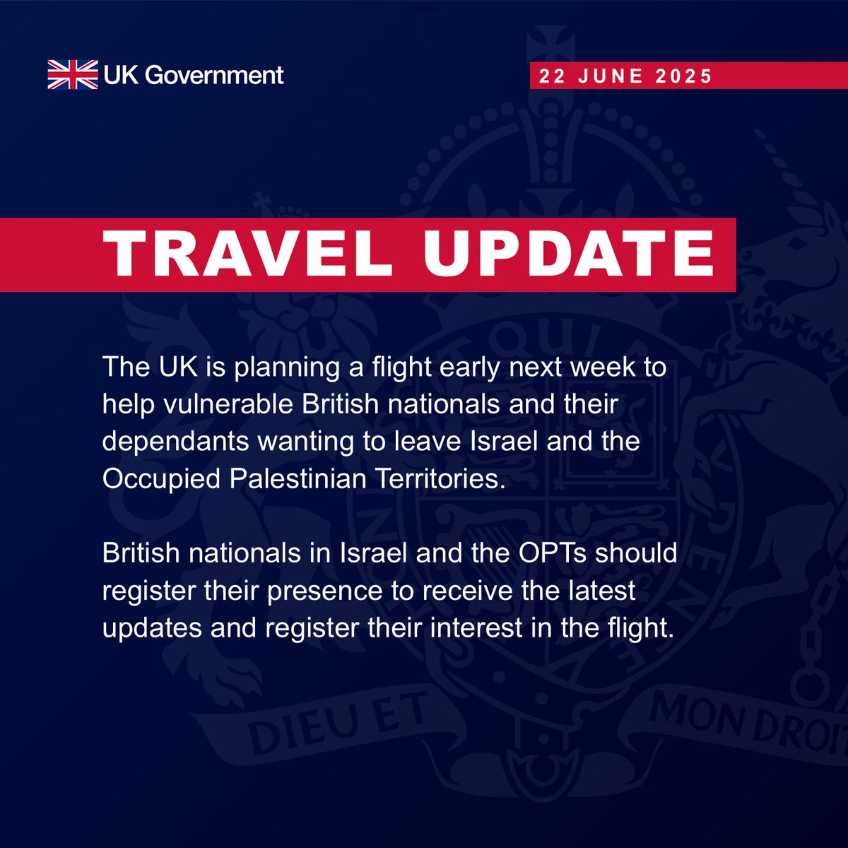 The UK is preparing a flight to transport vulnerable British nationals and their dependants out of Israel and the OPTs early next week.

British nationals in Israel and the OPTs should register their presence to receive the latest updates and register their interest in the