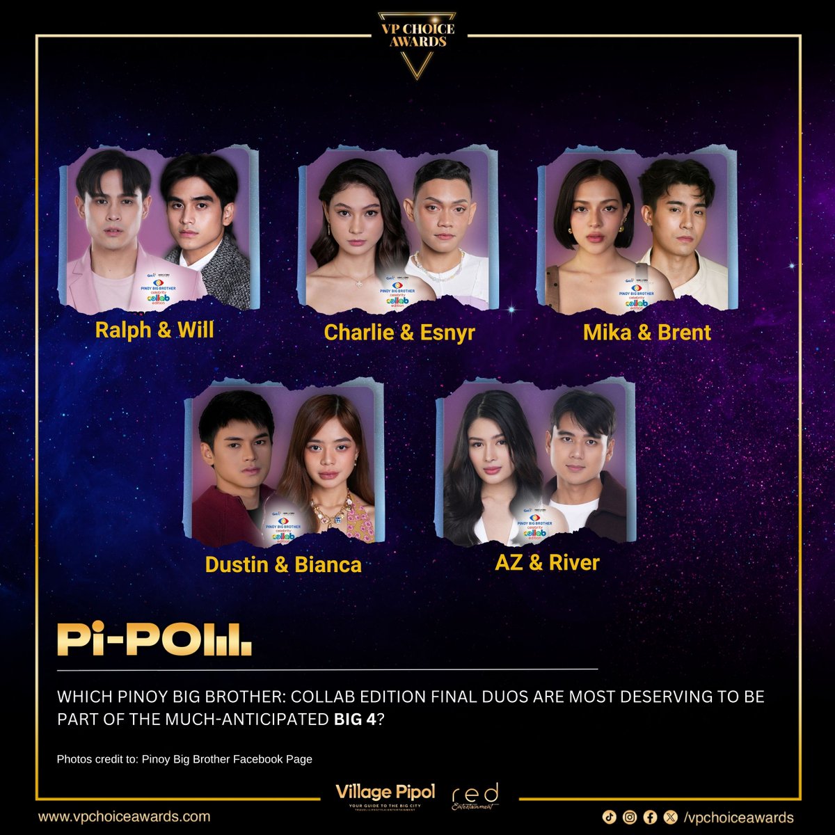 vpchoiceawards's tweet photo. Pi-POLL is back as we gear up for the next edition of the VP Choice Awards! 🎉
For our first #PiPOLL, we want to hear from you:
Who do you think deserves to be part of the Final Big 4 Duos in the upcoming finale of Pinoy Big Brother: Collab Edition?
You have the power to choose, Pipol! Vote now via the link below and in the comment section!
https://t.co/fc3cMAEuZt
#VPChoiceAwards #PiPOL #PBBCelebrityCollabEdition #Big4Duos #StarMagicxSparkle