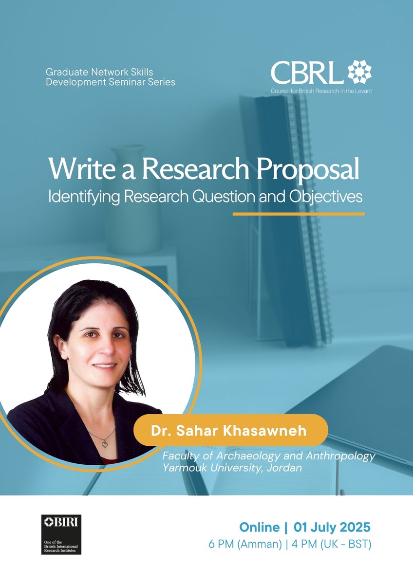 Launching the #CBRL Graduate Network Seminar Series (2025–2026)! 🎓

Our 1st online session “Write a Research Proposal” with Dr. Sahar Khasawneh
🔹Tuesday, 01 July 2025
🔹6 PM Amman | 4 PM UK
🔹Online (Zoom)

🔗 Register here:
us06web.zoom.us/webinar/regist…