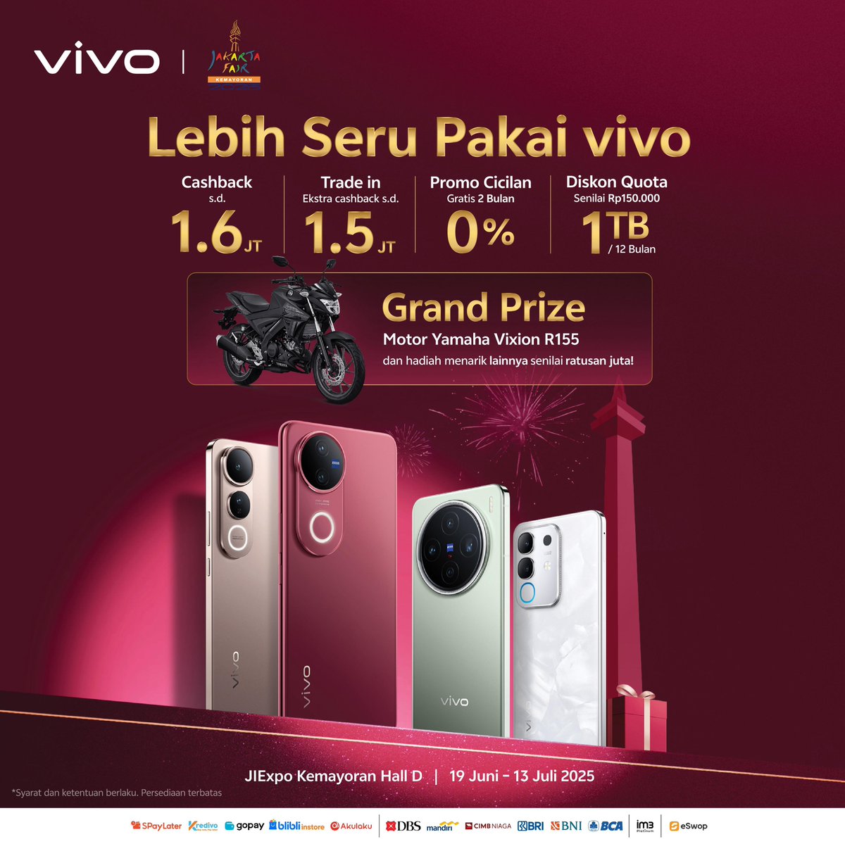 Kapan lagi abis beli HP vivo bisa dapet cashback sampai 1.6 juta, voucher GoPay dan grand prize motor?! 🤩🎁 Cuma bisa kamu dapetin di booth vivo, PRJ!

Lebih seru, lebih cuan, dan lebih asik bareng vivo di PRJ 🎉 Dateng sekarang dan dapetin hadiahnya! Syarat dan ketentuan