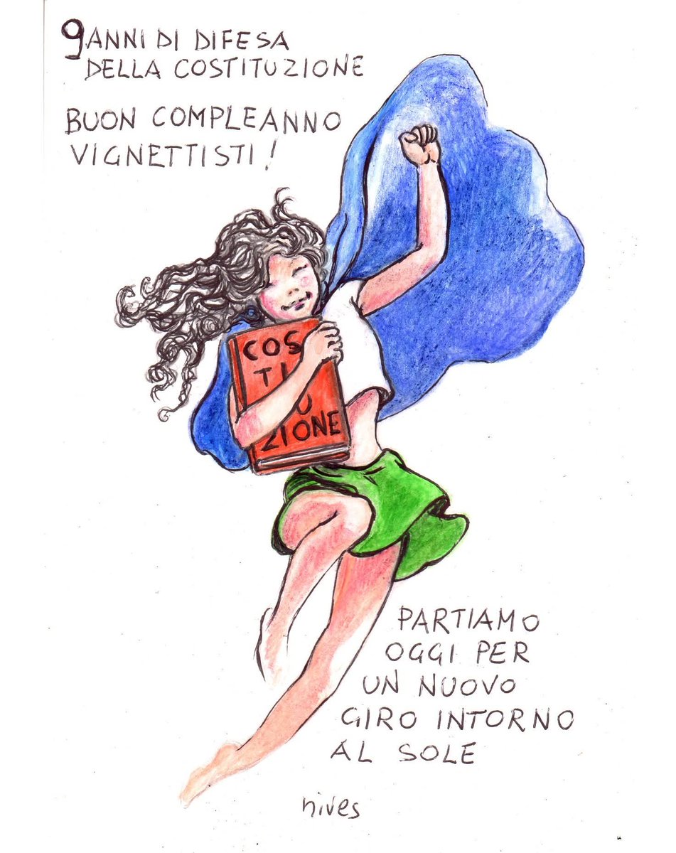 vignettisti's tweet photo. Con una delle sue bambine proiettate verso un futuro migliore, Nives Manara. 
#9anni #anniversario #vignettistiperlacostituzione #satira #satirapolitica #sátira #vignette #vignettes https://t.co/oCRDHkV6YU