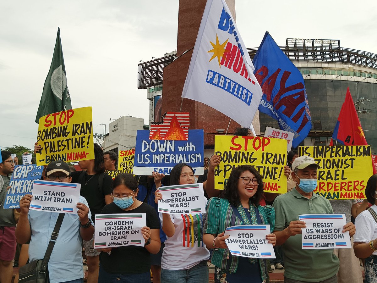 NGAYON: Kilos protesta na pinangungunahan ng Makabayan upang kundenahin ang Estados Unidos at Israel sa pangbo-bomba sa Iran at Palestine.