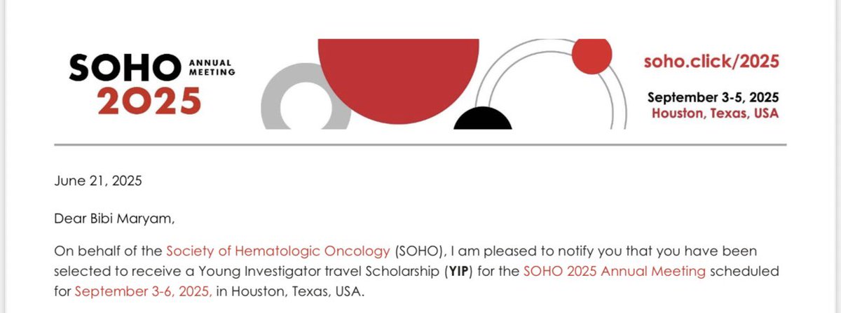 Bibi Maryam (@maryam7835bibi) on Twitter photo Thrilled to be selected for SOHO Young Investigator Award and travel grant! Grateful to my incredible mentors <a href="/Taha_CancerDoc/">Taha A, MD</a> <a href="/JosephSassineMD/">Joseph Sassine</a> <a href="/msalmanfaisal/">Faisal, Salman M</a> for their guidance and support. Excited to present 4 posters on our research on CAR-T and bispecific antibodies #SOHO2025 Thrilled to be selected for SOHO Young Investigator Award and travel grant! Grateful to my incredible mentors <a href="/Taha_CancerDoc/">Taha A, MD</a> <a href="/JosephSassineMD/">Joseph Sassine</a> <a href="/msalmanfaisal/">Faisal, Salman M</a> for their guidance and support. Excited to present 4 posters on our research on CAR-T and bispecific antibodies #SOHO2025
