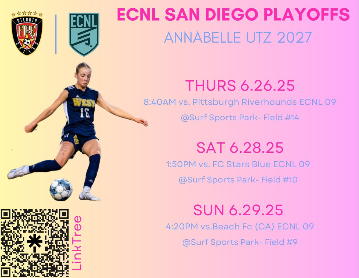 Annabelle Utz (2027) (@annabelleu2027) on Twitter photo So excited to kick off the San Diego ECNL Playoffs with my team! Here is my game schedule!
•
•
•
•
<a href="/CoachBrittaNCSA/">Britta Marmon (She/Her)</a> <a href="/NcsaSoccer/">NCSA Soccer</a> <a href="/PrepSoccer/">Prep Soccer ⚽️</a> <a href="/ECNLgirls/">ECNL Girls</a> <a href="/ECNLSoutheast/">ECNL Southeast Girls</a> <a href="/ImYouthSoccer/">ECNL/GA/Recruiting/College Soccer</a> <a href="/TheSoccerWire/">SoccerWire</a> <a href="/girlssoccernet/">Girls Soccer Network</a> <a href="/DomMartelli/">Dom Martelli</a> So excited to kick off the San Diego ECNL Playoffs with my team! Here is my game schedule!
•
•
•
•
<a href="/CoachBrittaNCSA/">Britta Marmon (She/Her)</a> <a href="/NcsaSoccer/">NCSA Soccer</a> <a href="/PrepSoccer/">Prep Soccer ⚽️</a> <a href="/ECNLgirls/">ECNL Girls</a> <a href="/ECNLSoutheast/">ECNL Southeast Girls</a> <a href="/ImYouthSoccer/">ECNL/GA/Recruiting/College Soccer</a> <a href="/TheSoccerWire/">SoccerWire</a> <a href="/girlssoccernet/">Girls Soccer Network</a> <a href="/DomMartelli/">Dom Martelli</a>