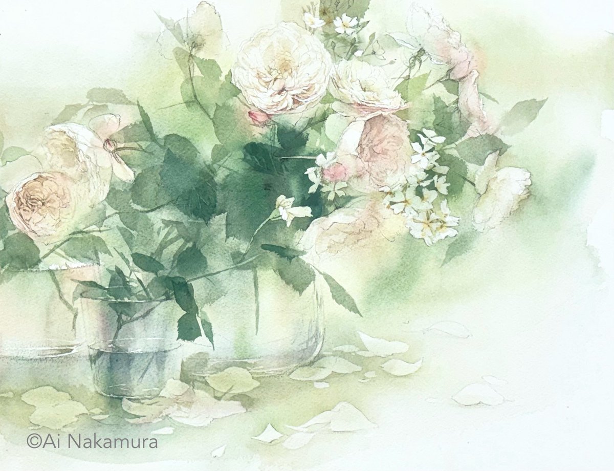 「淡いイングリッシュローズ」

#透明水彩　#watercolorpainting #シュミンケホラダム