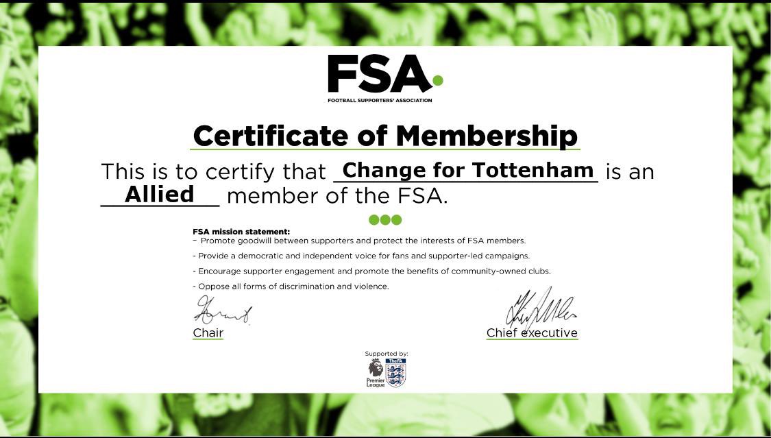 ChangeForSpurs's tweet image. We are thrilled as a group to say we have made a positive step in becoming an Allied member of @WeAreTheFSA Exciting times ahead for us as we move forward to becoming a more recognised fan group for #THFC fans worldwide. #COYS