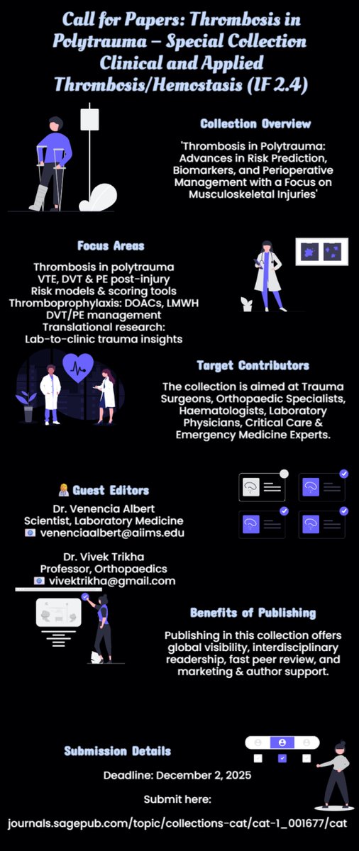 As Guest Editor, I’m inviting submissions to our Special Collection in Clinical &amp; Applied Thrombosis/Hemostasis (IF 2.4)
🩸 Thrombosis in Polytrauma: Risk, Biomarkers &amp; Perioperative Care
📅 Deadline: Dec 2, 2025
🔗 journals.sagepub.com/topic/collecti…
#Thrombosis #VTE #Polytrauma #OpenAccess