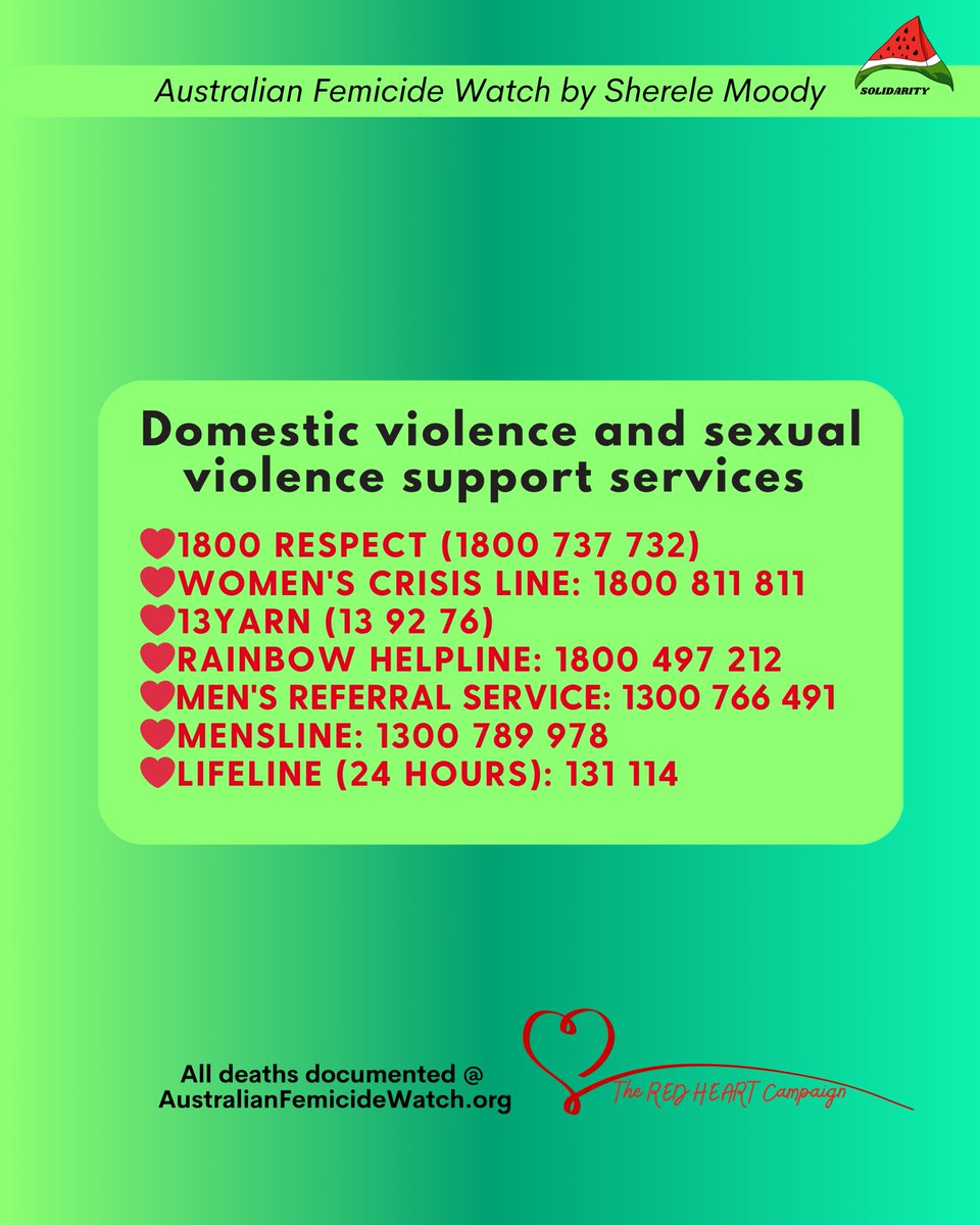 MapFemicide's tweet image. 63-year-old Julia Neira died in hospital on Friday with injuries from an assault. A male known to her was interviewed by police and released pending further investigations. Julia is the 36th Australian woman killed this year.
❤️Support my work: australianfemicidewatch.org/support/