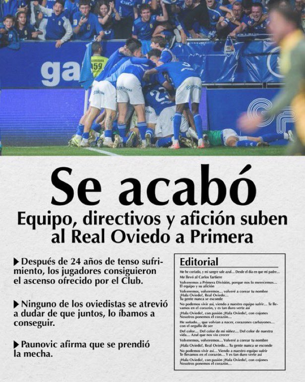 Ya decía yo que me sonaba. 

Así anunció el <a href="/RealOviedo/">Real Oviedo</a> su vuelta a Primera: haciendo una portada parecida al día que bajaron a Tercera División. 

Han pensado en todos los detalles.