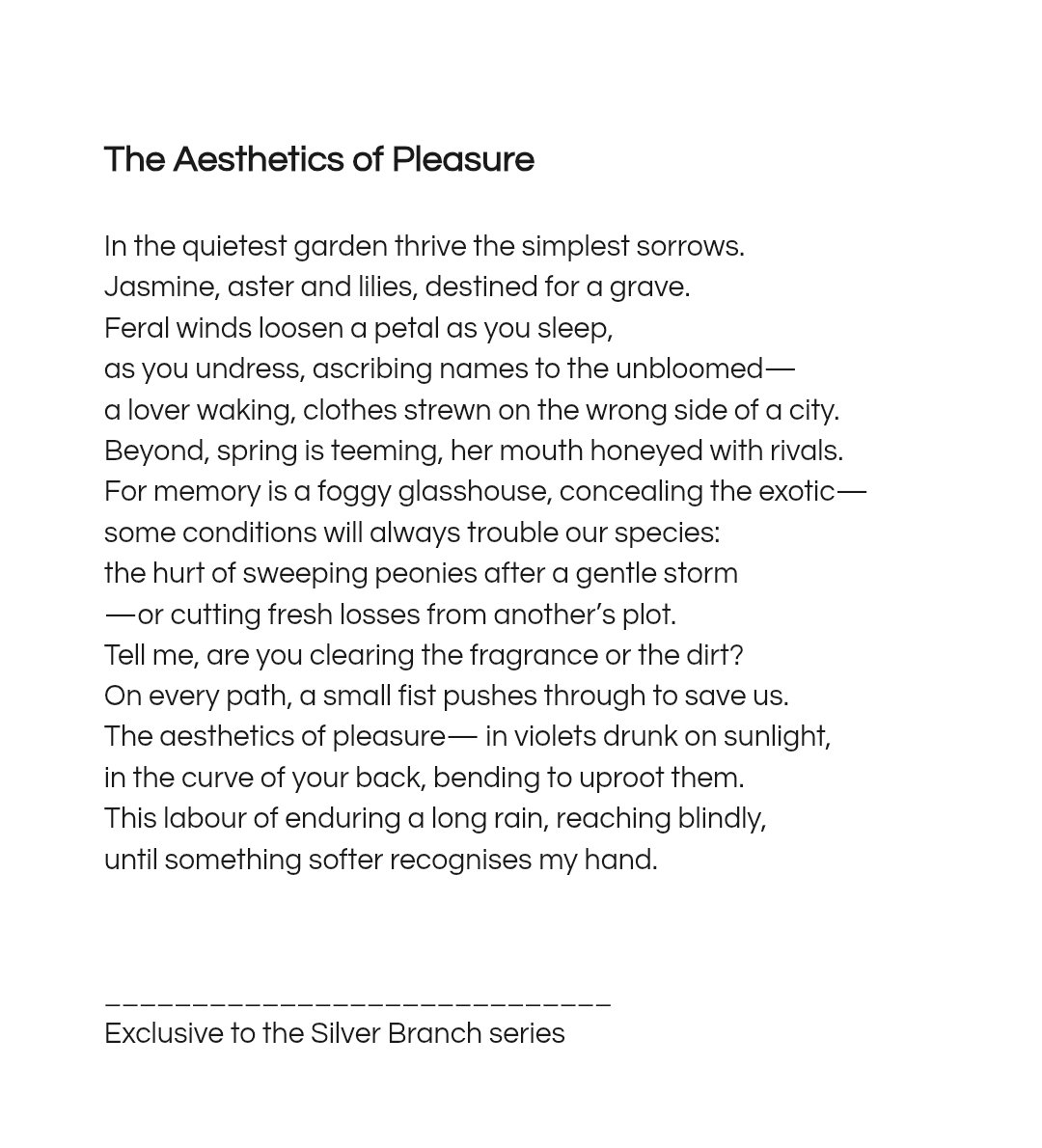 Vikki C. (@vwc_writes) on Twitter photo "For memory is a foggy glasshouse, concealing the exotic—
some conditions will always trouble our species..."
'The Aesthetics of Pleasure' from my <a href="/blackboughpoems/">Black Bough Poetry / Barddoniaeth Y Gangen Ddu</a> Silver Branch feature which runs throughout June.
Thank you for reading 🤍
blackboughpoetry.com/about-1-1
#poetry "For memory is a foggy glasshouse, concealing the exotic—
some conditions will always trouble our species..."
'The Aesthetics of Pleasure' from my <a href="/blackboughpoems/">Black Bough Poetry / Barddoniaeth Y Gangen Ddu</a> Silver Branch feature which runs throughout June.
Thank you for reading 🤍
blackboughpoetry.com/about-1-1
#poetry