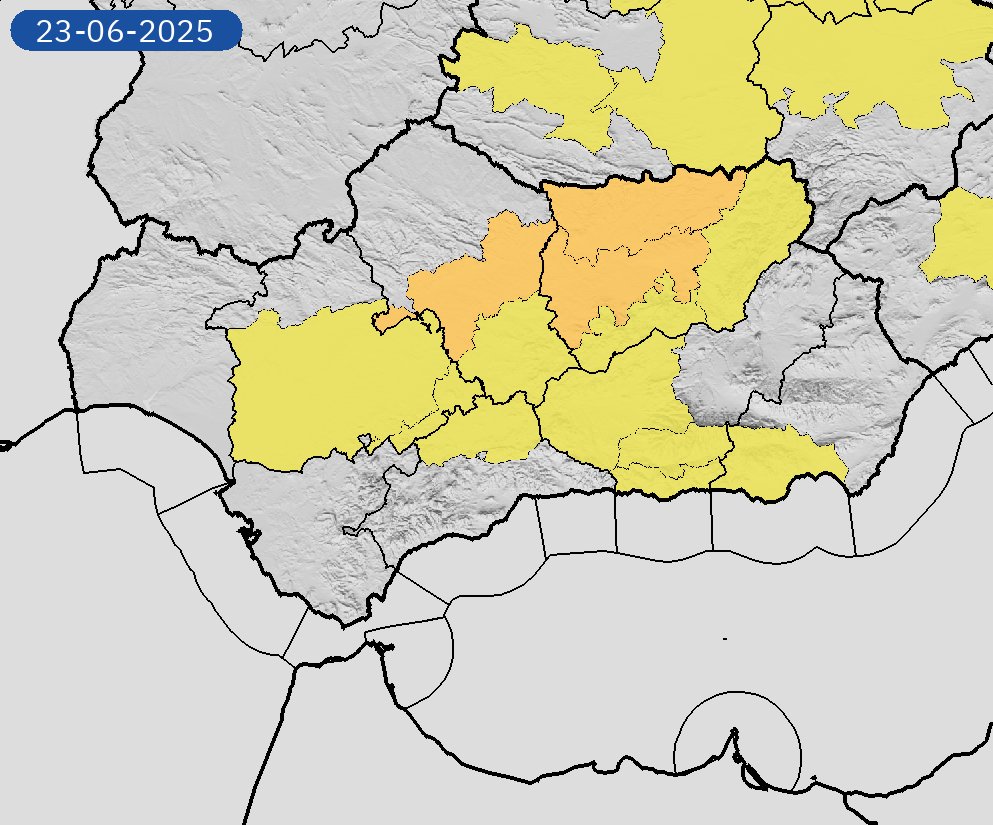 AEMET_Andalucia's tweet photo. 22/06 11:36 Avisos  activos hoy y mañana en Andalucía por temperaturas máximas. Nivel máximo de aviso: naranja.
Actualizaciones en https://t.co/Dfanf8vdfH https://t.co/r0TRXOTA9x