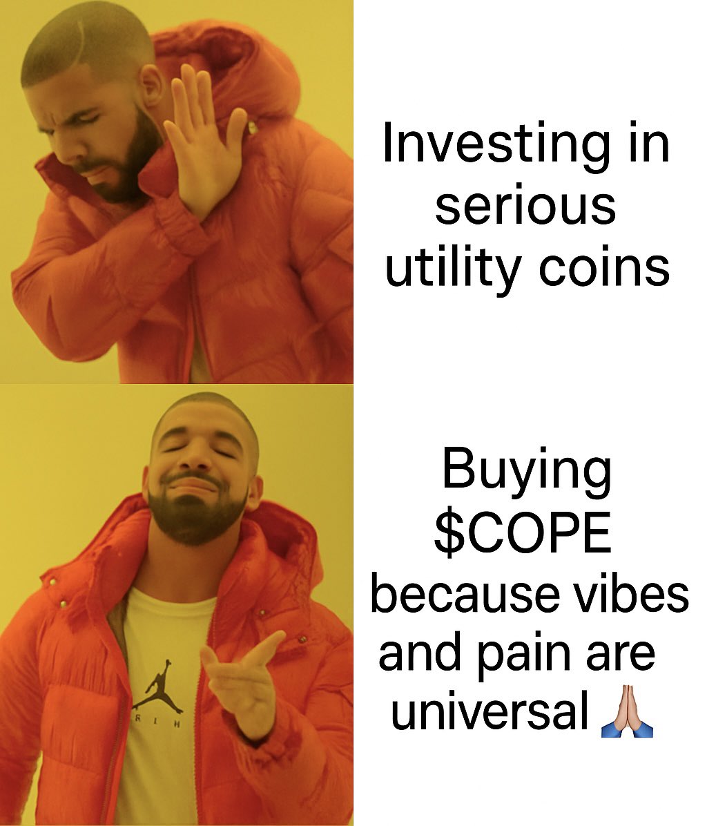 TheCopeCoin's tweet photo. Serious coins are for serious people.
Weโre here for pain and memes. $COPE ๐๐ฅ. #CopeCoin #Memecoin #degen https://t.co/CYTC6t2sTz
