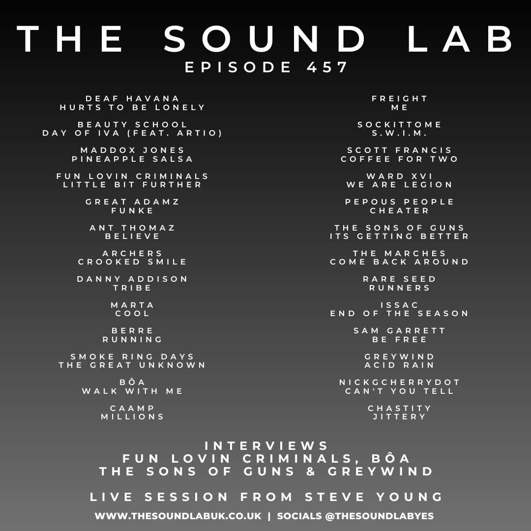 The Sound Lab (@thesoundlabyes) on Twitter photo We have our brand new radio show now available for you at mixcloud.com/TheSoundLabUK/…
On this week’s show we have interviews from <a href="/funlovincrims/">FUN LOVIN' CRIMINALS</a>, Bôa, <a href="/thesonsofguns/">The Sons Of Guns</a> & <a href="/greywindband/">Greywind</a> plus a live session from <a href="/steveyounguk/">Steve Young UK</a> and The Real Time Players!
#podcast #newmusic #musicpodcast We have our brand new radio show now available for you at mixcloud.com/TheSoundLabUK/…
On this week’s show we have interviews from <a href="/funlovincrims/">FUN LOVIN' CRIMINALS</a>, Bôa, <a href="/thesonsofguns/">The Sons Of Guns</a> & <a href="/greywindband/">Greywind</a> plus a live session from <a href="/steveyounguk/">Steve Young UK</a> and The Real Time Players!
#podcast #newmusic #musicpodcast