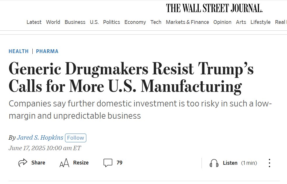 Prof_Yadav_SCM's tweet image. The US needs to address the lack of supply resilience for critical generic medicines. But the global generic companies rightly point out that investment in US domestic manufacturing is too risky in such a low-margin business. It needs other tools of industrial policy (hint: not…