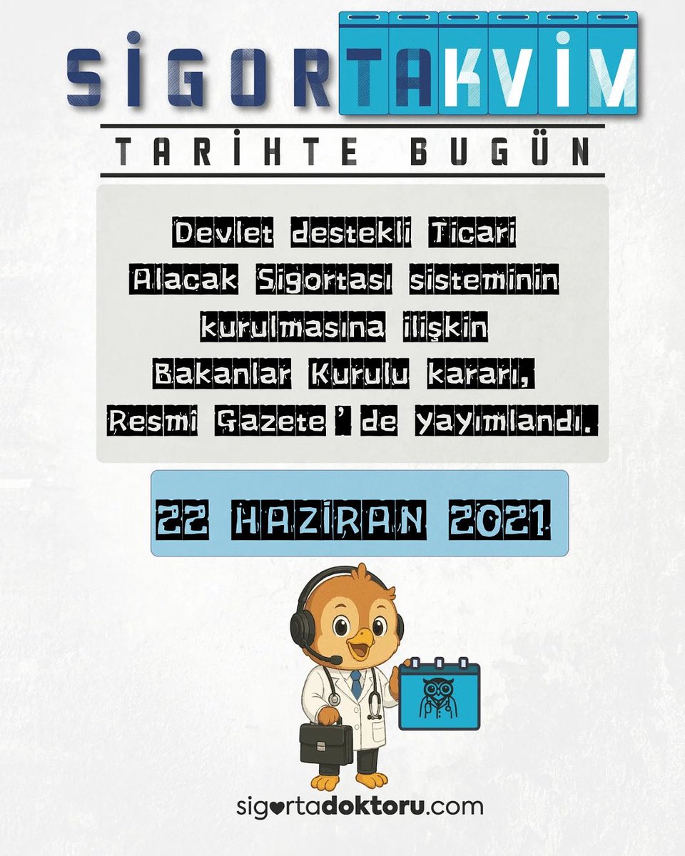 📅 22 Haziran 2021
Ticari hayatın sigortası için önemli bir adım atıldı!
Devlet destekli Ticari Alacak Sigortası sisteminin kurulmasına ilişkin Bakanlar Kurulu kararı, bugün Resmî Gazete’de yayımlandı.
#SigortaTakvim #TarihteBugün #TicariAlacakSigortası #SigortaDoktoru #22Haziran