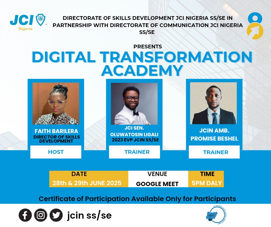 fabeth2003's tweet photo. The Future Isn’t Coming - It’s Already Here!
Are you ready for it?

📢 DIGITAL TRANSFORMATION ACADEMY
_Powered by JCI SS?SE Area Directorate of Skills Development in partnership with the Director of Communication_

🕔 https://t.co/xIud3uXlwc