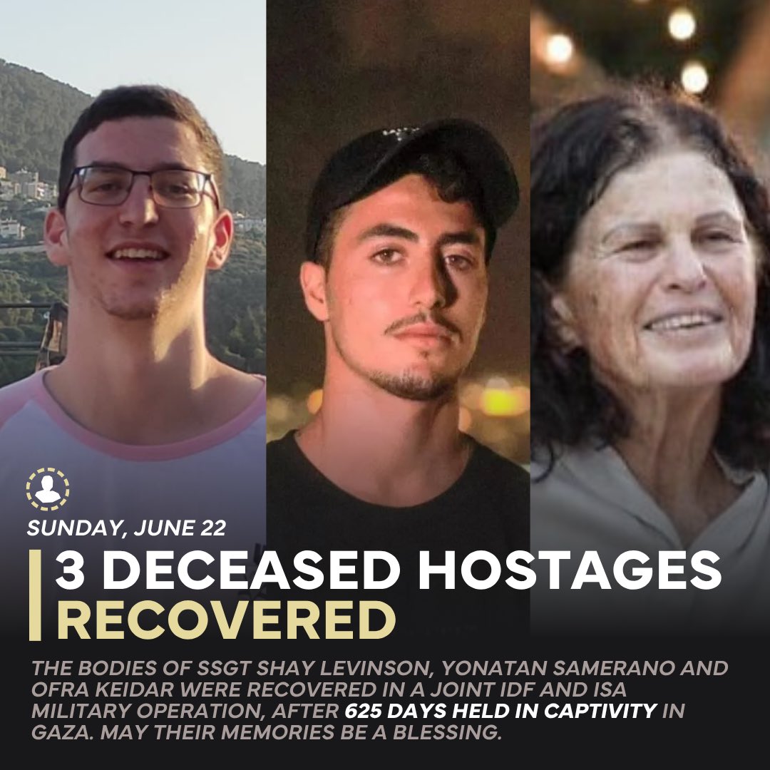 BREAKING: Israel recovered the bodies of hostages Ofra Keidar (71), Yonatan Samerano (21), and IDF hero Shay Levinson (19) from Gaza.

Hamas kidnapped and murdered them on October 7.
Never forget. May they rest in peace.
