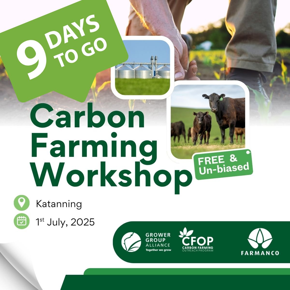 Farmanco's tweet photo. Your first step to carbon confidence starts here. 

Register for our FREE WORKSHOPS https://t.co/lWoXx2Gwqj 

Katanning 1st July &amp; Dowerin 24th July.

Delivered with funding support by DCCEEW, under CFOP and with the GGA. 

#cfop, # #ausag, #agtwitter, #farmingaustralia https://t.co/250wazJgoE