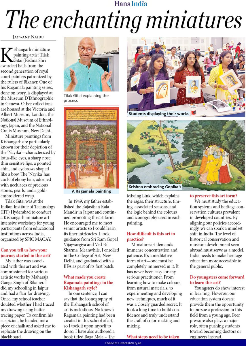 SPIC MACAY in TELANGANA (@smtelangana) on Twitter photo Kishangarh Miniature painting artist Shri Tilak Gitai (Padma Shri Awardee) was at <a href="/IITHyderabad/">IIT Hyderabad</a> at the 10th International <a href="/spicmacay/">SPIC MACAY</a> Convention & held an intensive workshop for young participants from across our #India
Report 📰✍🏻by <a href="/jaywantguitar/">Jaywant Naidu</a> in <a href="/TheHansIndiaWeb/">The Hans India</a> newspaper Kishangarh Miniature painting artist Shri Tilak Gitai (Padma Shri Awardee) was at <a href="/IITHyderabad/">IIT Hyderabad</a> at the 10th International <a href="/spicmacay/">SPIC MACAY</a> Convention & held an intensive workshop for young participants from across our #India
Report 📰✍🏻by <a href="/jaywantguitar/">Jaywant Naidu</a> in <a href="/TheHansIndiaWeb/">The Hans India</a> newspaper