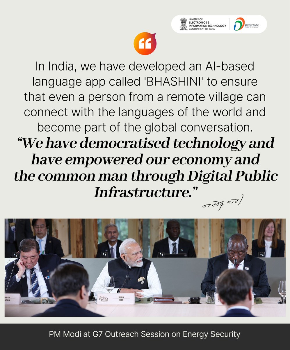 _DigitalIndia's tweet image. Technology = Empowerment India is not just using tech, we&apos;re democratising it!

#DigitalIndia #TechForBharat #IndiaAtG7 #PMModi