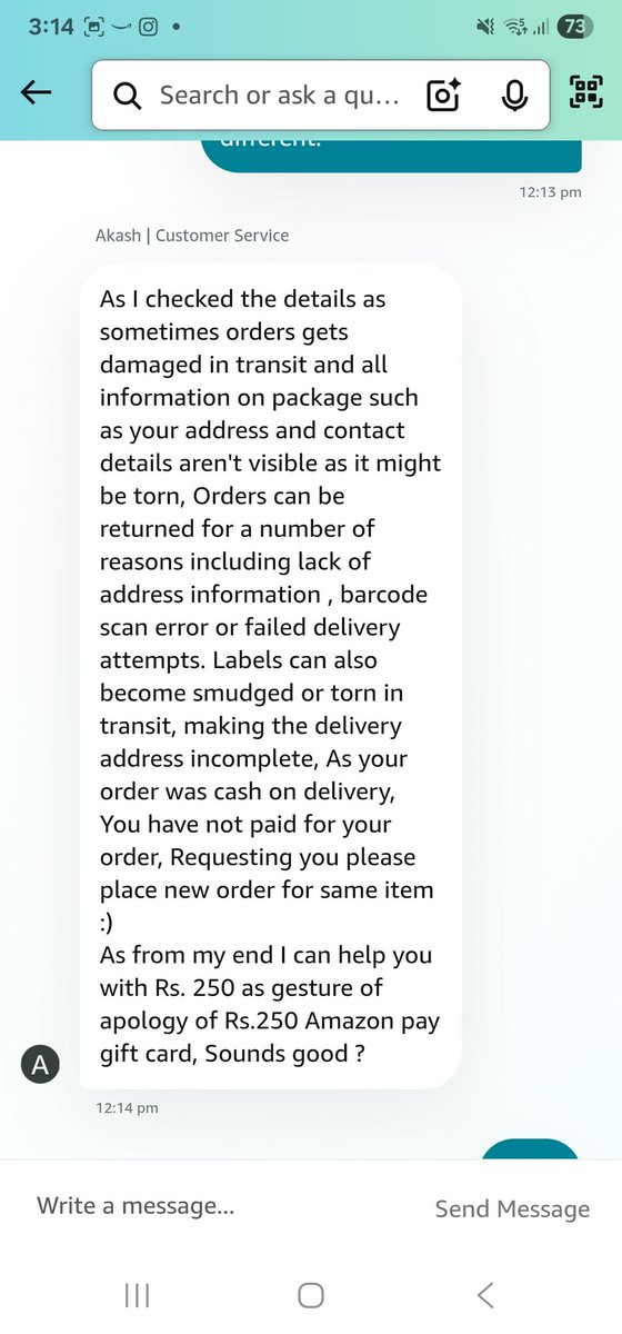 sid_rishabh's tweet photo. @amazonIN ordered a product twice from your website, and both the times, delivery agent called but did not deliver the product and then marked on his app that I was unavailable. And the best part, both the times when I complained, the chat agent says, the product is damaged. https://t.co/0KBAbunie6