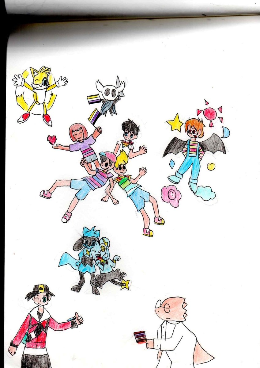 Dibujo que hice por el pride, 
Aclaración: es sobre un au que estoy trabajando de mis videojuegos favoritos,  lo subiré algún día 
Pb: soy daltonico qwq
#PrideMonth