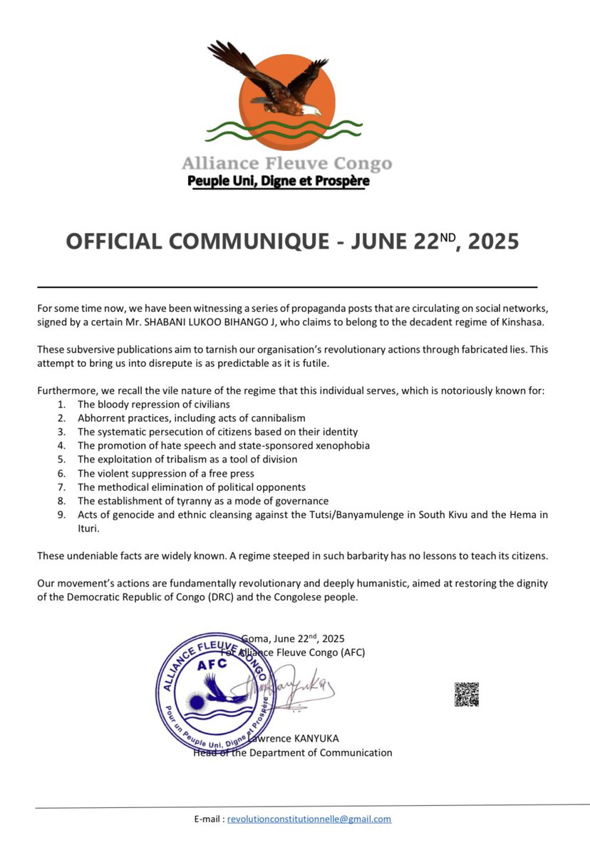 COMMUNIQUÉ OFFICIEL DE L’ALLIANCE FLEUVE CONGO DU 22 JUIN 2025.