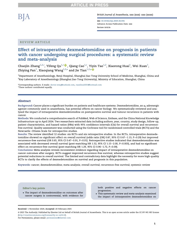 Does intraoperative #dexmedetomidine use have an impact on #cancer outcomes? The answer still seems to be uncertain. #BJA #survival #recurrence

bjanaesthesia.org/article/S0007-…
